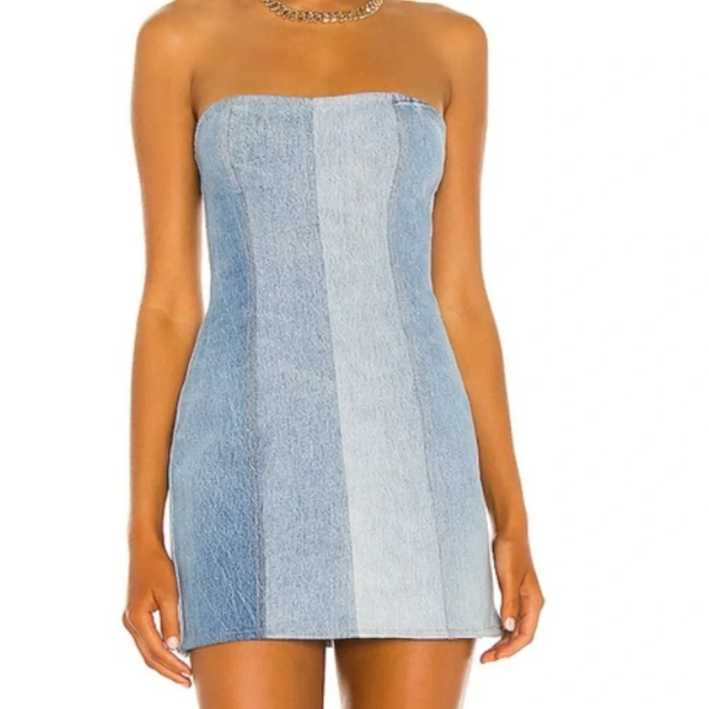 PrettyLittleThing Denim Cotton Patchwork Strapless Mini Dress Blue Stripe